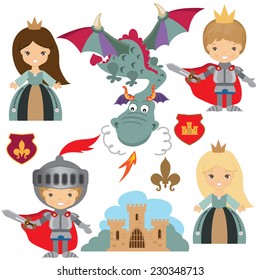 Knight, princess and dragon vector illustration