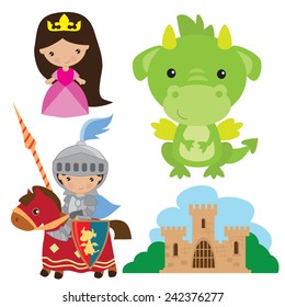 Knight, princess and dragon vector illustration