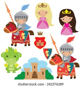 Knight, princess and dragon vector illustration