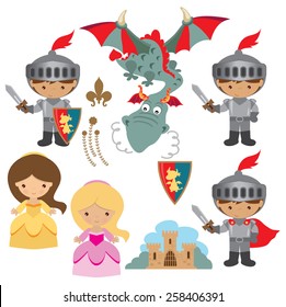Knight, princess and dragon vector illustration