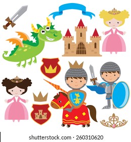 Knight, princess and dragon vector illustration