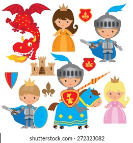 Knight, princess and dragon vector illustration