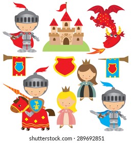 Knight, princess and dragon vector illustration