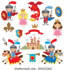 Knight, princess and dragon vector illustration