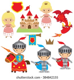 Knight, princess and dragon vector illustration