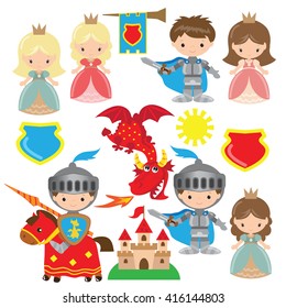Knight, princess and dragon vector illustration