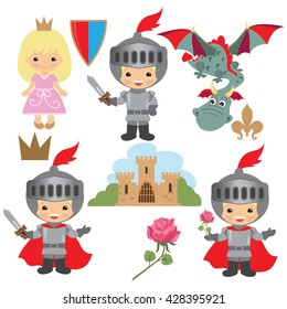 Knight, princess and dragon vector illustration