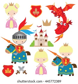 Knight, princess and dragon vector illustration