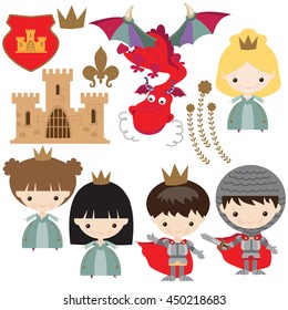 Knight, princess and dragon vector illustration