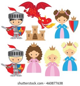Knight, princess and dragon vector illustration