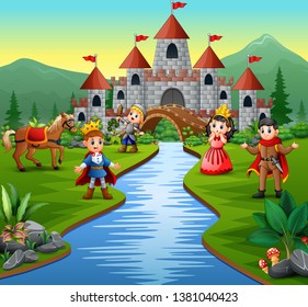 Knight with princess and prince in a castle landscape