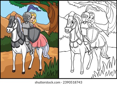 Knight and a Princess Riding a Horse Illustration