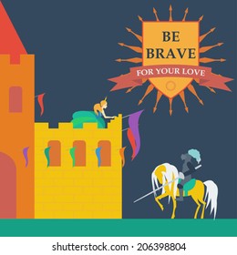 knight and princess in trendy flat style for use in design for card, invitation, poster, banner, placard or billboard cover
