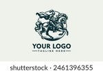 knight raiding horse vector logo Engraving with a knight, on a steely horse vector logo template