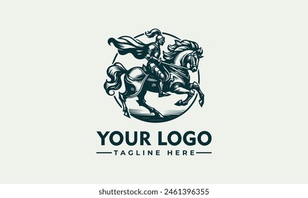 knight raiding horse vector logo Engraving with a knight, on a steely horse vector logo template