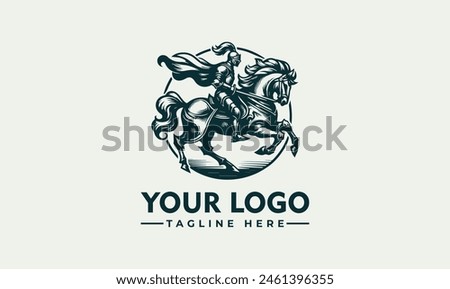 knight raiding horse vector logo Engraving with a knight, on a steely horse vector logo template