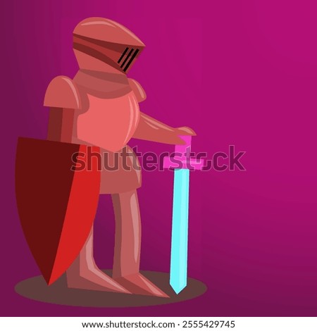 A knight in red armor with a shield and grasping a sword with one hand. Color gradient background. Knight, sword, shield, armor, illustration.