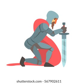 Knight With Red Cape And Sword Kneeling Fairy Tale Cartoon Childish Character