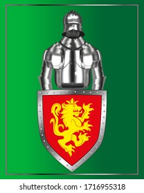 Knight with a red shield. Metal effect mesh. Vector illustration isolated on a green background.