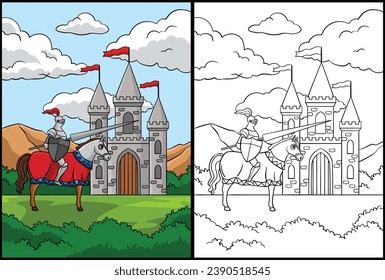 Knight montando caballo en la ilustración del castillo delantero