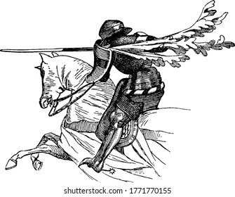 A knight riding a horse at full gallop, carrying a javelin and wearing full armor. A woman's sleeve streams from his left shoulder. He wears the sleeve as a favor from the woman, vintage line drawing