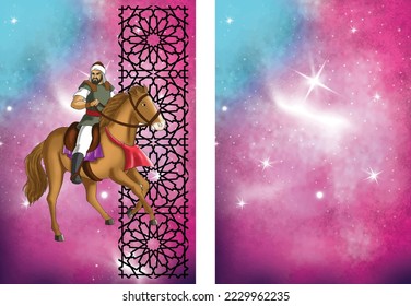 knight riding a horse with Islamic decorations behind him