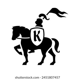 Knight riding a horse with a shield and flag logo.