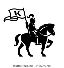 Knight riding a horse with a shield and flag logo.