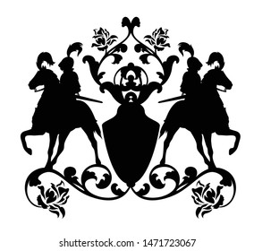 knight riding horse vintage style coat of arms - horseman black vector silhouette with floral ornate heraldic shield