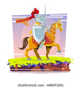 knight riding on war horse with sunset. character design  on cliff. battle concept - vector illustration