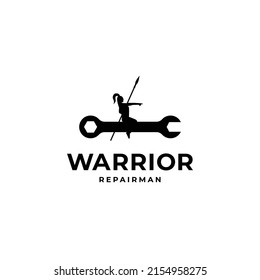 Knight riding wrench, Repairman warrior logo icon sign symbol design concept vector illustration