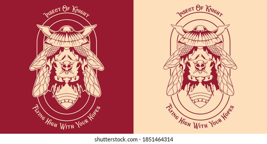 Knight of Samurai Insect Badge with Mask and Hat Tatto Skull Design Vintage Illustration Ready for Apparel Use