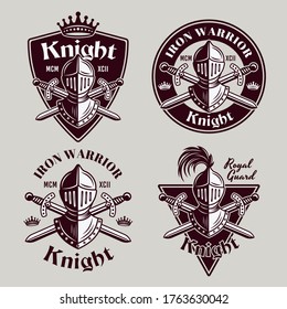 Knight set of four medieval vector emblems, badges, labels or logos in vintage style