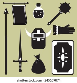 Knight set icons include sword,spear, shields, helmet, flag, mace, potion, sack, bracers. Medieval warrior equipment. Vector illustration