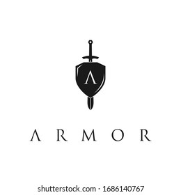 Knight Shield Armor Sword with Initial Letter A logo design template