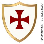 Knight Shield with gold frame and red cross pattee on white isolated background.
