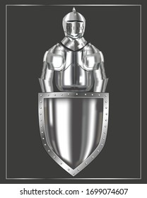 Knight with a shield. Metal effect mesh. Vector illustration on a gray background.