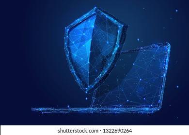 Knight shield on a laptop background. Abstract Low poly wireframe illustration. Polygonal isolated protect internet data concept. Starry sky consisting of points and lines. 3D vector security concept.