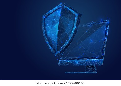 Knight shield and pc or monitor screen. Computer safe and security concept. Data protection sign. Vector low poly wireframe in the form of a starry sky or space, consisting of points and lines.