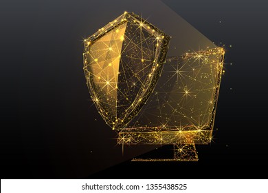Knight shield and pc or monitor screen. Computer safe and security concept. Data protection sign. Gold vector low poly wireframe in the form of a starry sky or space, consisting of points and lines.