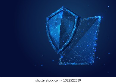 Knight shield and PC tablet. Low-poly wireframe vector illustration. Data protection   or network security concept. Polygonal digital starry sky or cosmos 3D illustration or dark blue background.
