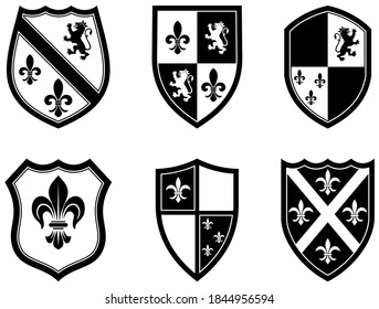 Knight Shield set in black and white on white isolated background.