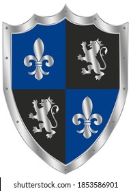 Escudo Knight en plata, azul y negro sobre fondo aislado blanco.