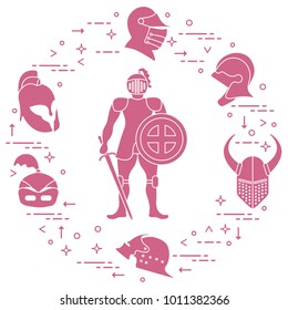 Knight with shield, sword and different helmets. Design element for postcard, banner or print.