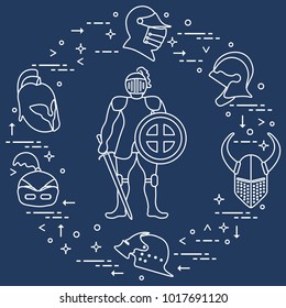 Knight with shield, sword and different helmets. Design element for postcard, banner or print.