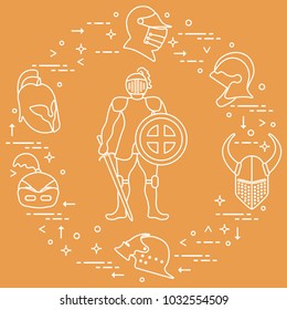 Knight with shield, sword and different helmets. Design element for postcard, banner or print.