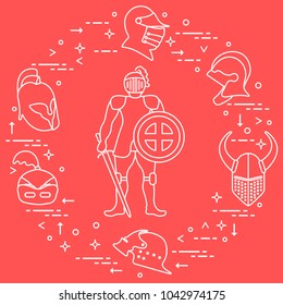 Knight with shield, sword and different helmets. Design element for postcard, banner or print.
