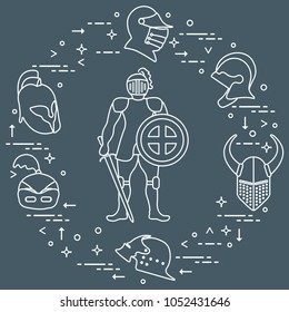 Knight with shield, sword and different helmets. Design element for postcard, banner or print.