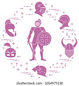Knight with shield, sword and different helmets. Design element for postcard, banner or print.