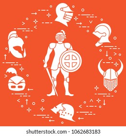 Knight with shield, sword and different helmets. Design element for postcard, banner or print.